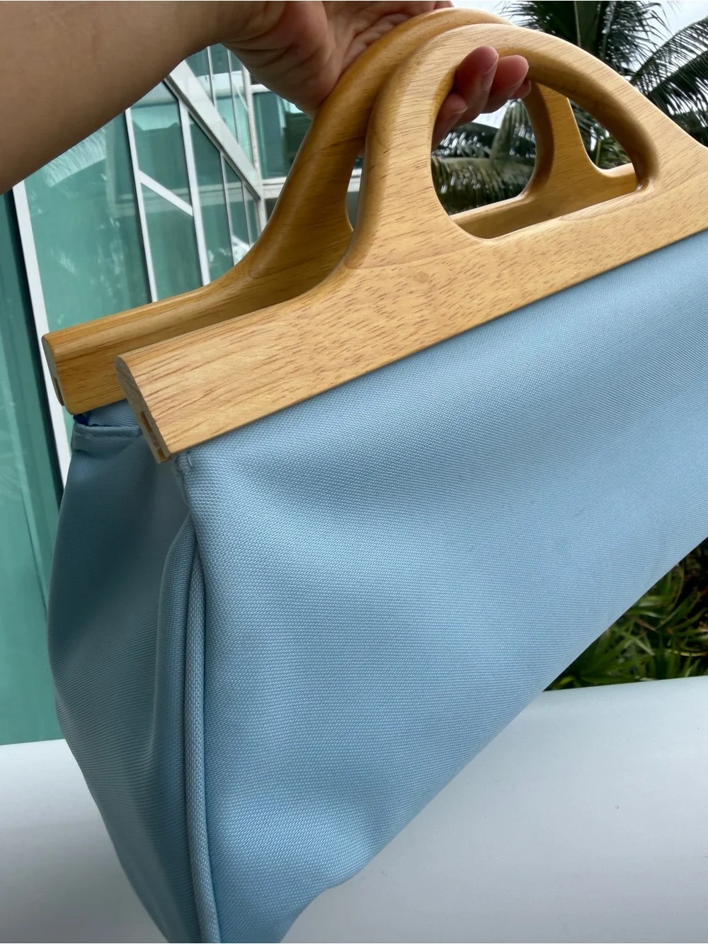 Vintage MCM Wood Handle Handbag Blue Canvas Purse Minimalist Mod Statement Bag